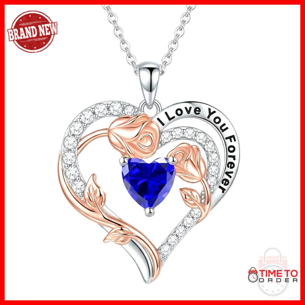 Sterling Silver Heart Birthstone Necklace 18+2 Chain Rose Gold Plated Gift